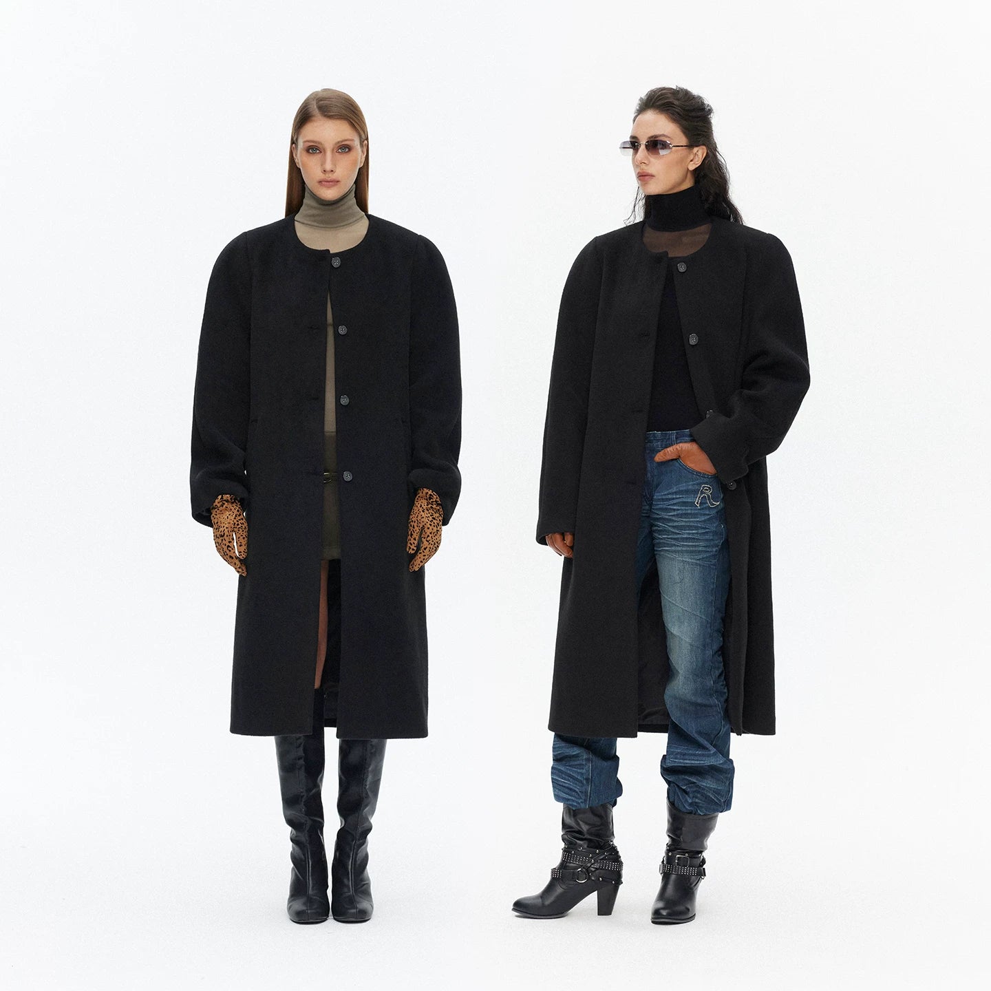 Wcoumq | Retro Round Neck Wool Long Coat with Arc Shoulder Silhouette – Double-Sided Woolen Outerwear