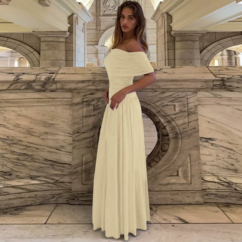 Wcoumq | Off-Shoulder One-Line Collar Pleated High-Waist Long Dress with Slim Fit