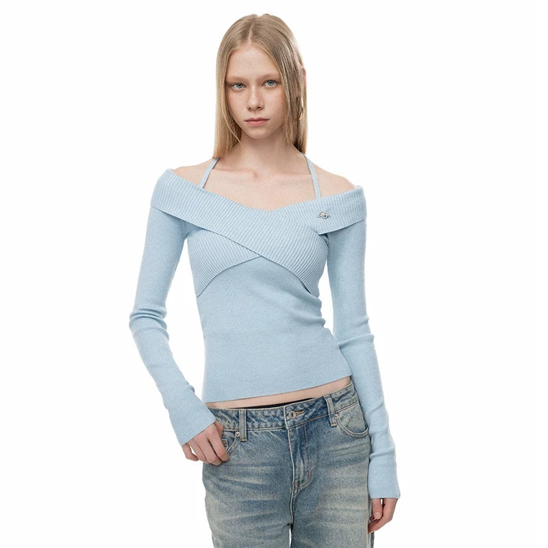 Wcoumq | Cross Lace-Up Slim-Fit Long Sleeve Knit Top for Autumn and Winter