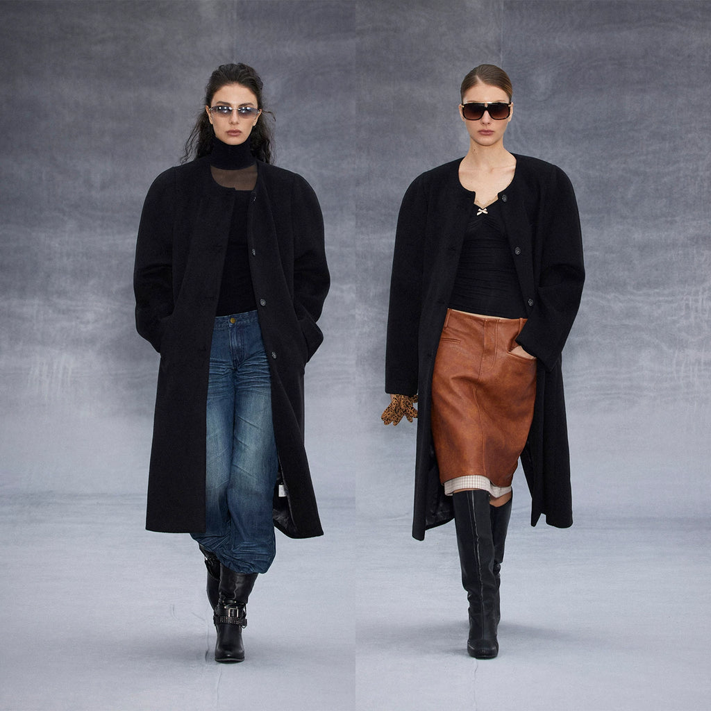 Wcoumq | Retro Round Neck Wool Long Coat with Arc Shoulder Silhouette – Double-Sided Woolen Outerwear