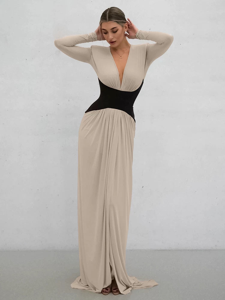 Wcoumq | V-Neck Long-Sleeve Dress with Waist Accents and Side Slits