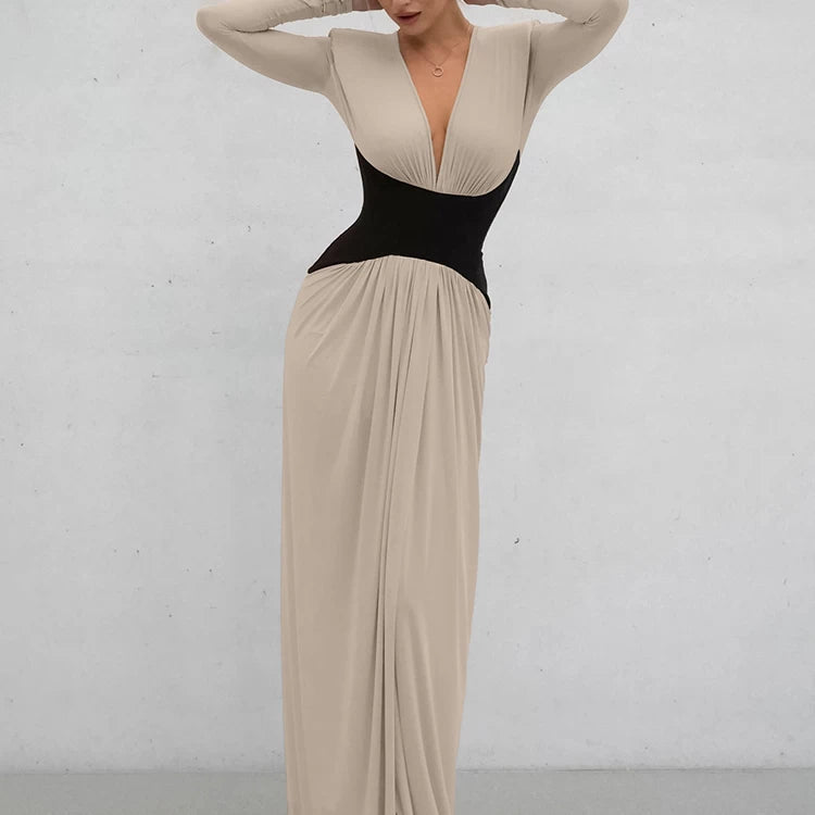 Wcoumq | V-Neck Long-Sleeve Dress with Waist Accents and Side Slits