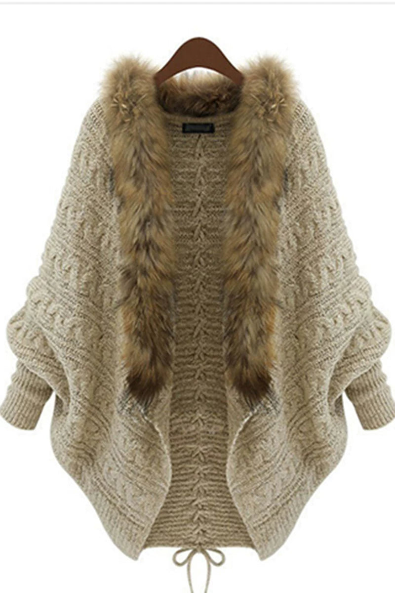 Wcoumq | Plus Size Women’s Knitted Cardigan Cape Shawl with Bat Sleeves & Fur Collar – European & American Style Daily Special Offer