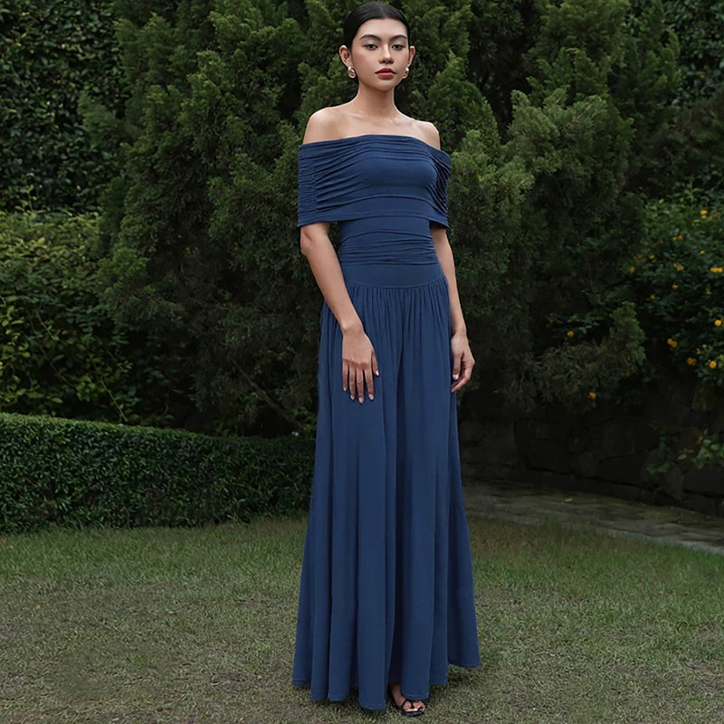 Wcoumq | Off-Shoulder One-Line Collar Pleated High-Waist Long Dress with Slim Fit