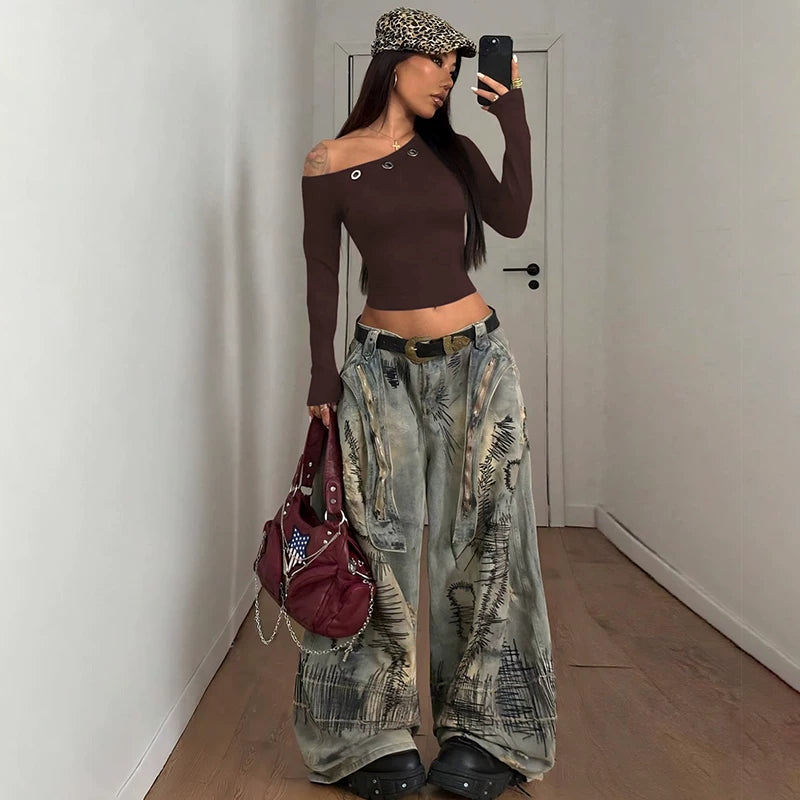 Wcoumq | Eyelet Design Slanted Shoulder Long-Sleeve Top for Women – Trendy Autumn & Winter Street Fashion Hot Girl Style