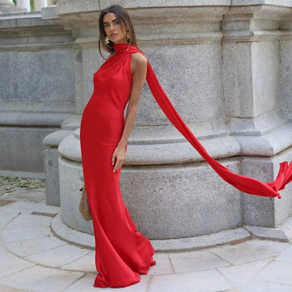 Wcoumq | Elegant Satin Floor-Length Dress with Neck Streamers and Backless Design