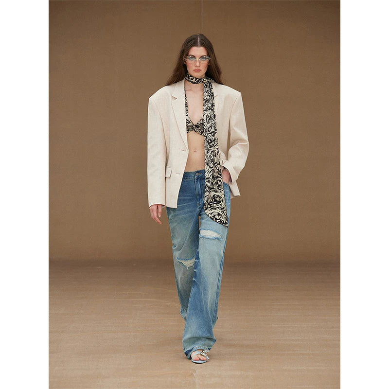 Wcoumq | Retro Star Patch Ripped Straight Jeans – Stylish Women’s Casual Distressed Jeans