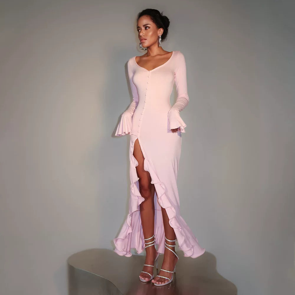 Wcoumq | Long-Sleeve Slim Dress with Ruffled Cuffs and Side Slits for Spring and Autumn