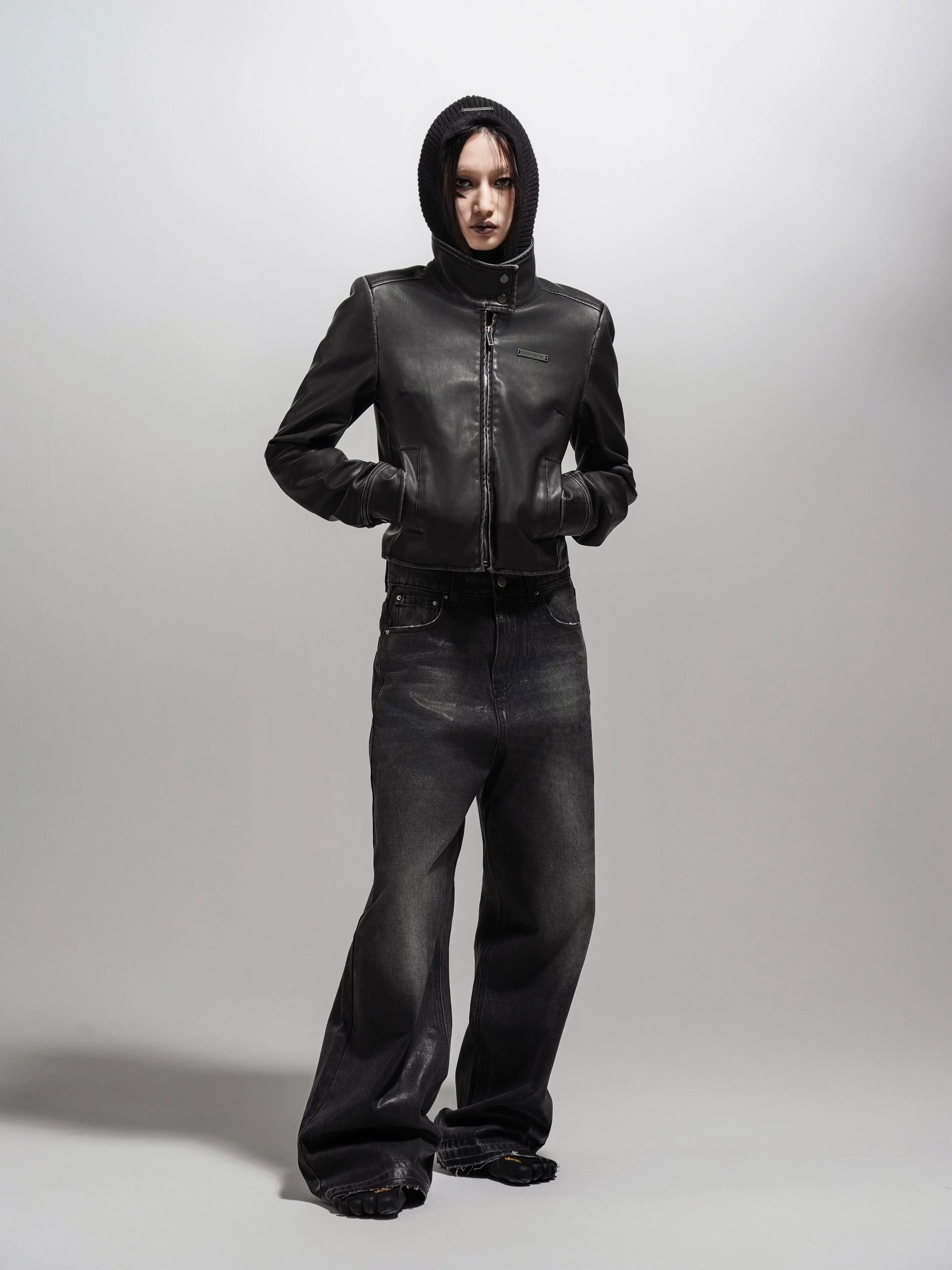 Wcoumq | Retro Washed Leather Motorcycle Jacket – Women’s Slim Fit Short Coat with Shoulder Pads for Fall & Winter