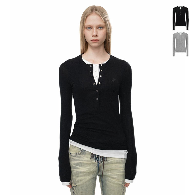 Wcoumq | Faux Two-Piece Embroidered Long Sleeve Henley Top for Autumn and Winter