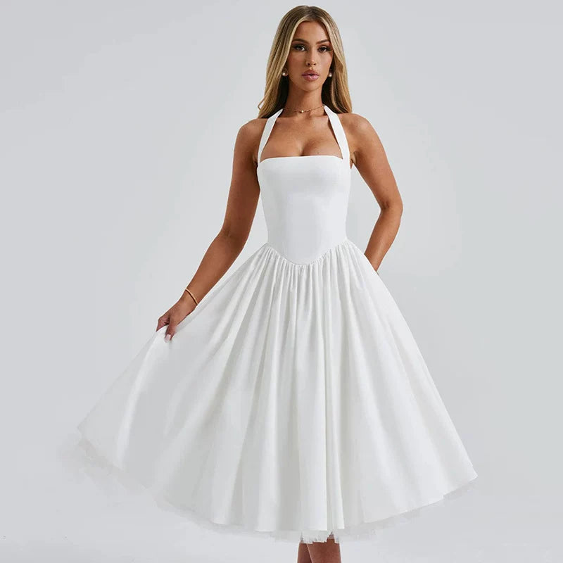 Wcoumq | White Mesh Halter Dress with Slim Waist for Resort and Mid-Length Elegance