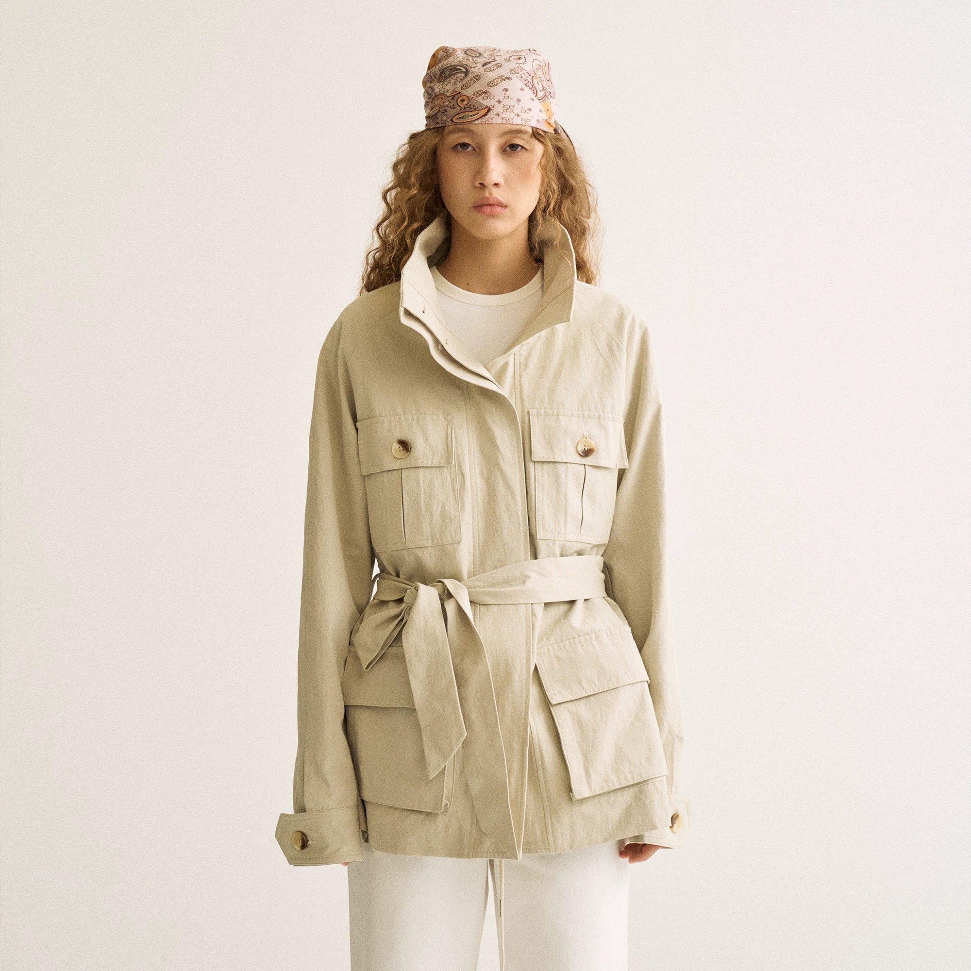 Wcoumq | Retro Workwear Multi-Pocket Windbreaker with Adjustable Belt – Women’s Loose Fit Commuting Stand-Up Collar Jacket