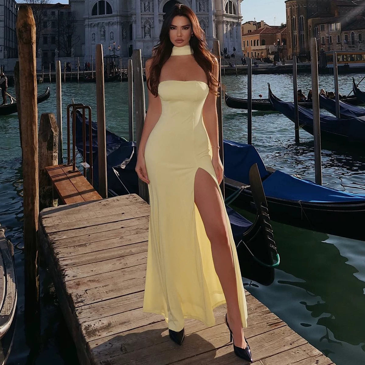 Wcoumq | Solid Color Tube Top Maxi Dress with Ribbon Waist and Fishtail Slit
