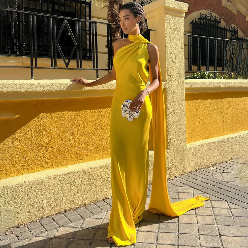 Wcoumq | Elegant Satin Floor-Length Dress with Neck Streamers and Backless Design