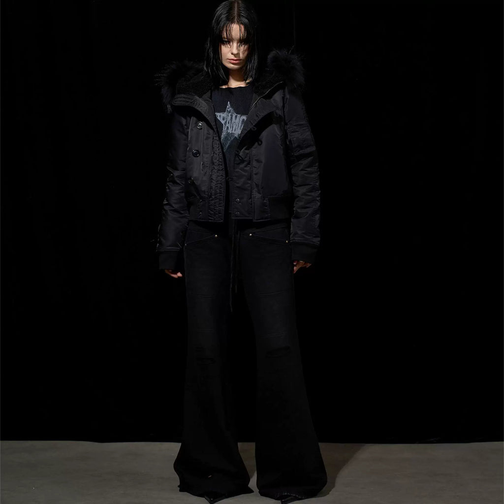 Wcoumq | Slim Fit Hooded Black Flight Jacket with Raccoon Fur – Women’s N2B Cotton Bomber for Fall & Winter