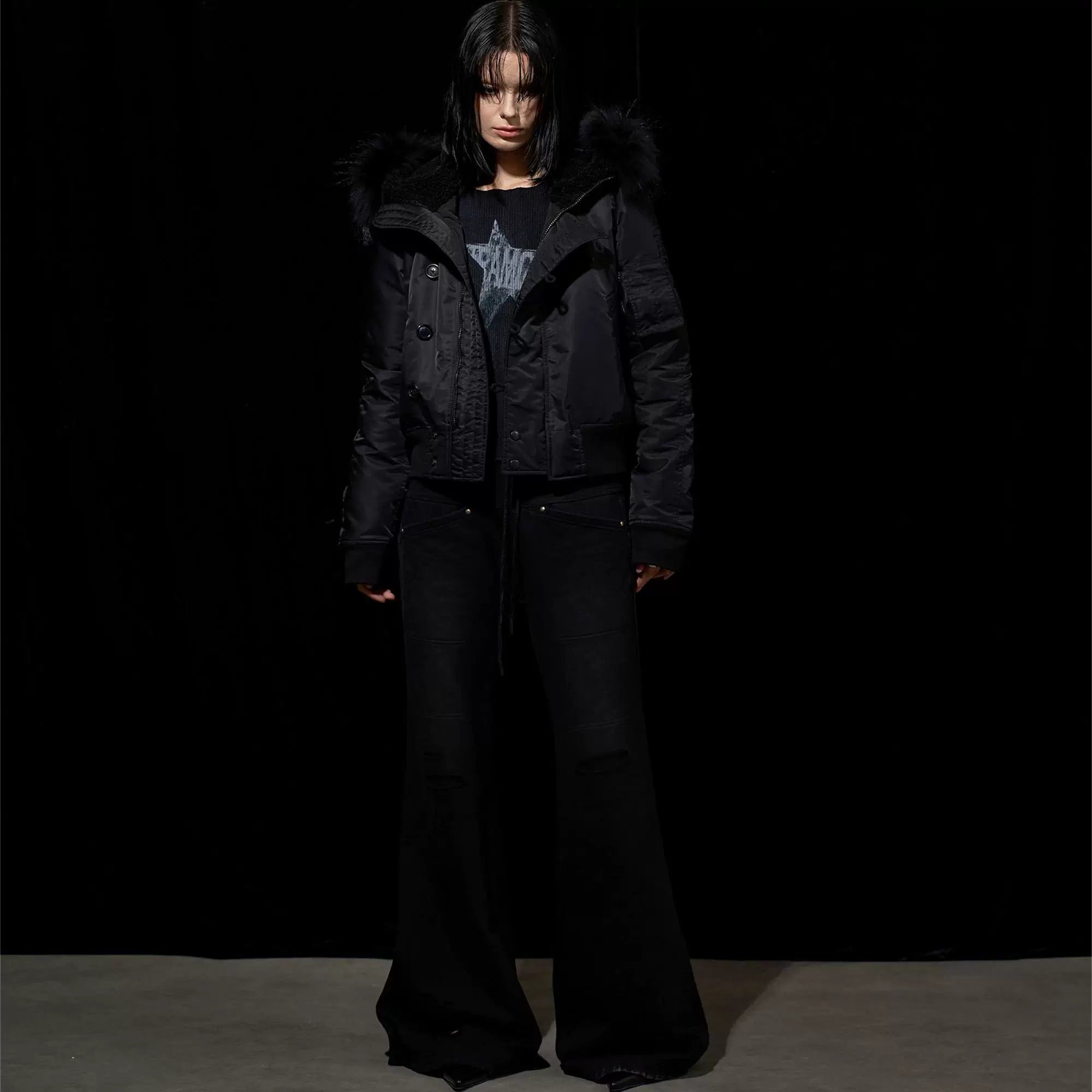 Wcoumq | Slim Fit Hooded Black Flight Jacket with Raccoon Fur – Women’s N2B Cotton Bomber for Fall & Winter