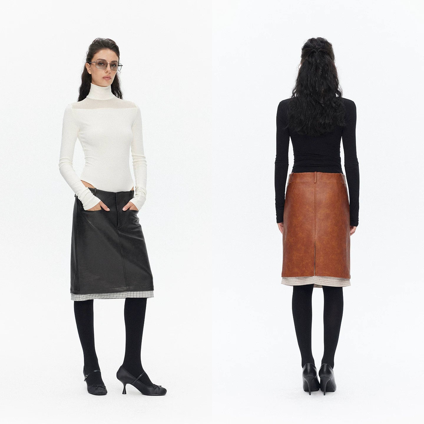 Wcoumq | Retro Contrast Low-Waist Straight Leather Skirt – Chic Women’s Stylish Faux Leather Skirt