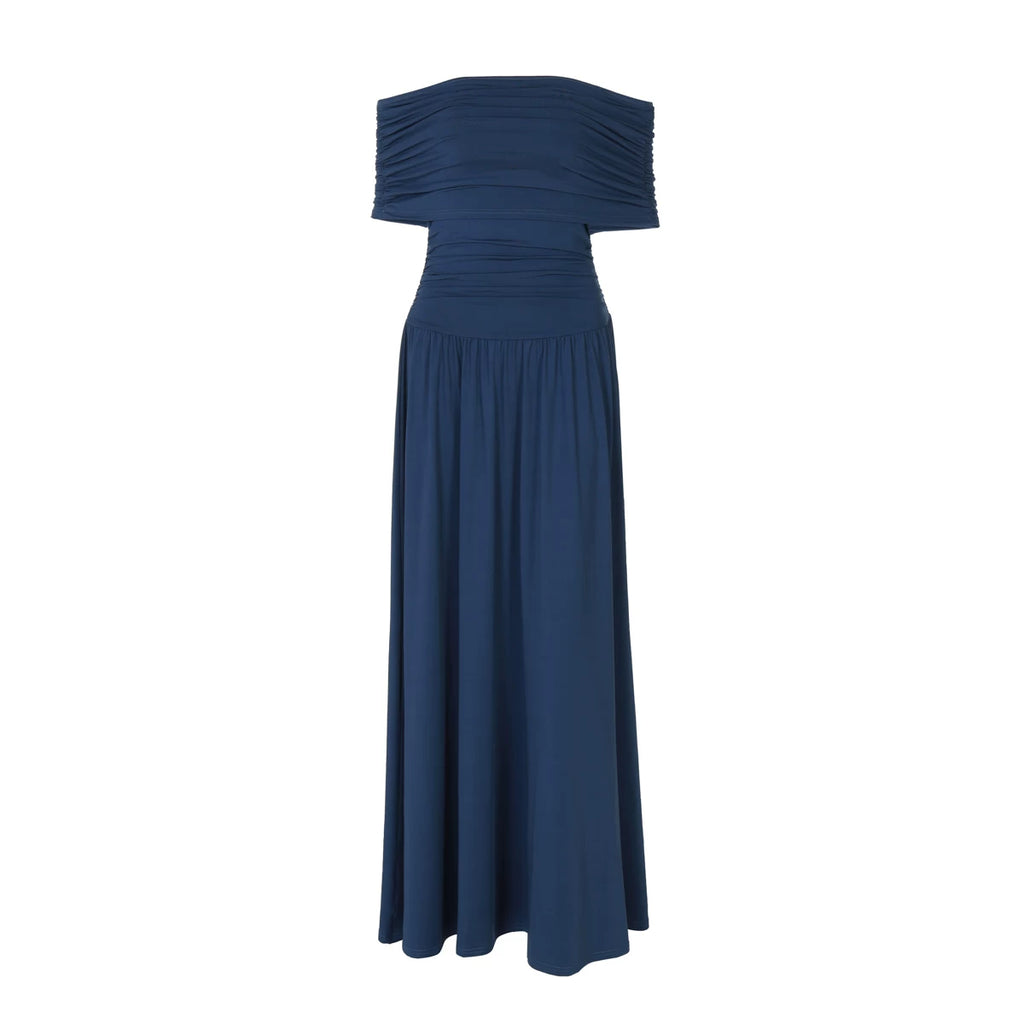 Wcoumq | Off-Shoulder One-Line Collar Pleated High-Waist Long Dress with Slim Fit