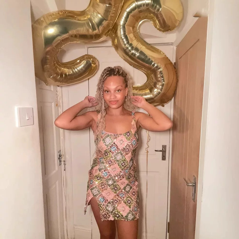 Wcoumq | Colorful Floral Rhombus Sequin Dress with Side Slit and Hip-Covering Design