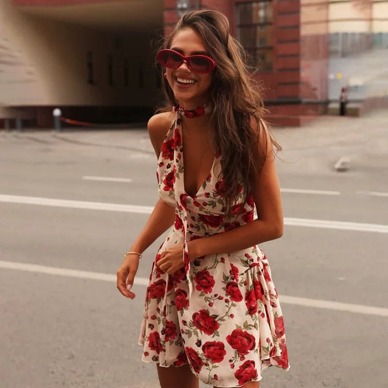 Wcoumq | V-Neck Halter Mini Dress with Floral Print and Slim Waist Design
