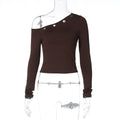 Wcoumq | Eyelet Design Slanted Shoulder Long-Sleeve Top for Women – Trendy Autumn & Winter Street Fashion Hot Girl Style