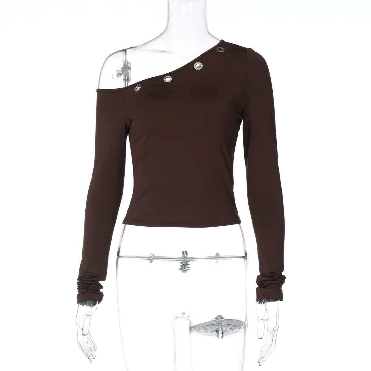 Wcoumq | Eyelet Design Slanted Shoulder Long-Sleeve Top for Women – Trendy Autumn & Winter Street Fashion Hot Girl Style