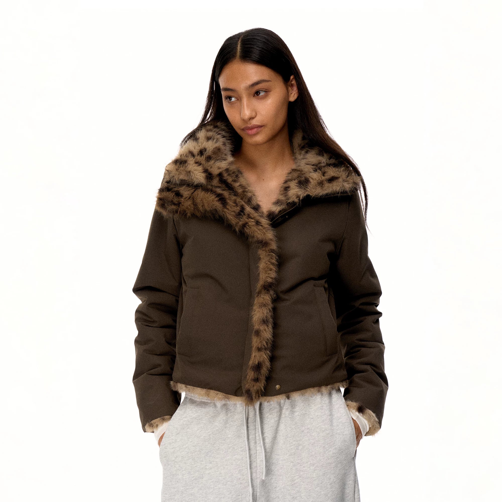 Wcoumq | Reversible Leopard Print Eco-Friendly Fur Jacket – Slim-Fitting Right-Shoulder Women’s Stylish Jersey Outerwear