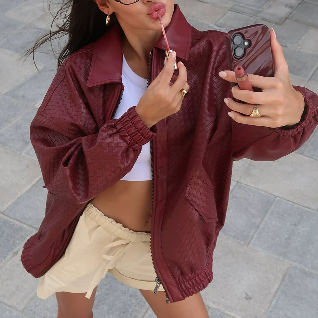 Wcoumq | Retro Woven PU Leather Zipper Lapel Jacket for Women – American Street Hot Girl Style Autumn & Winter Fashion