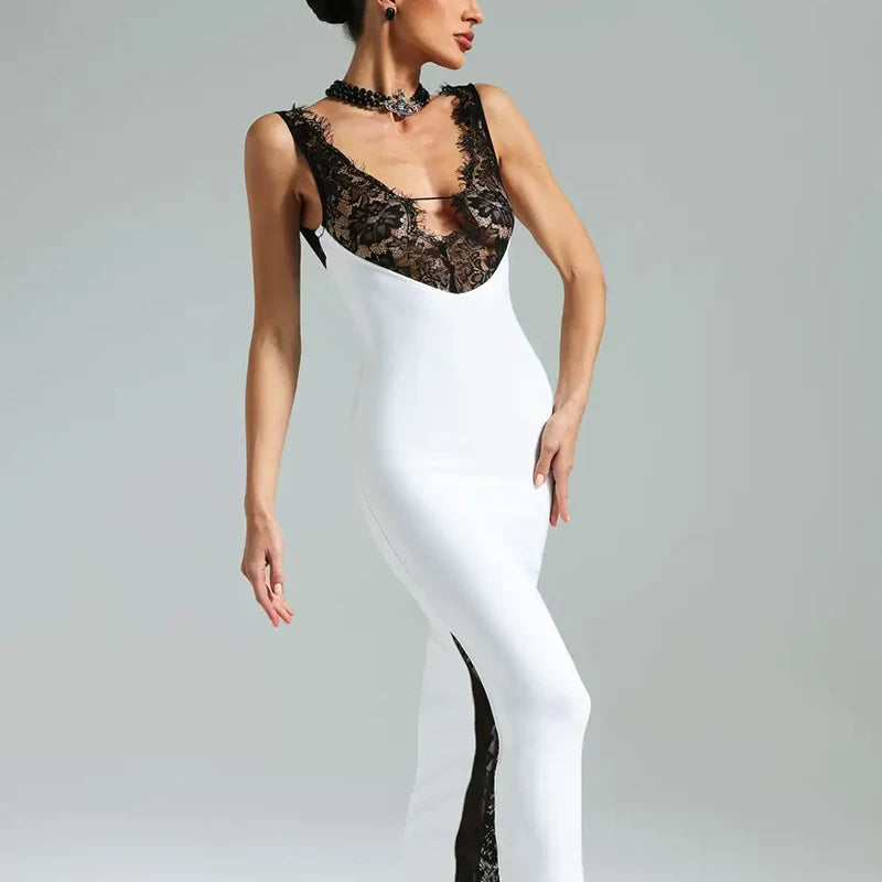 Wcoumq | V-Neck Lace Spliced Suspender Maxi Dress with Slim Fit