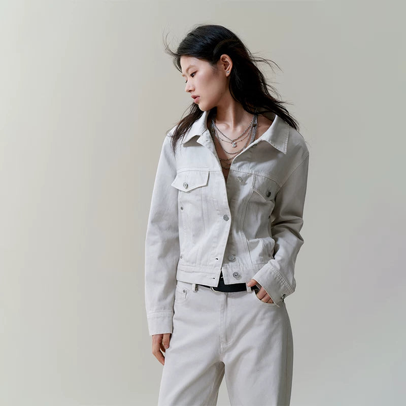 Wcoumq | Pure Cotton White, Gray & Black Denim Jacket and Straight-Leg Pants Suit – Stylish Women’s Casual Denim Set