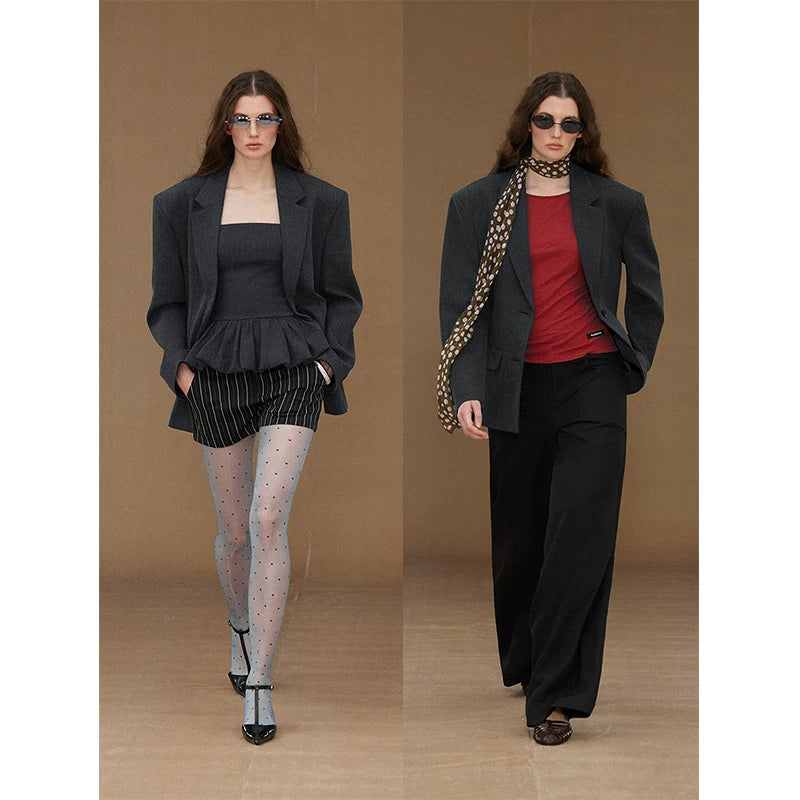 Wcoumq | Retro Lapel Collar Single-Breasted Wide-Shoulder Waisted Suit for Women – Classic Tailored Outerwear