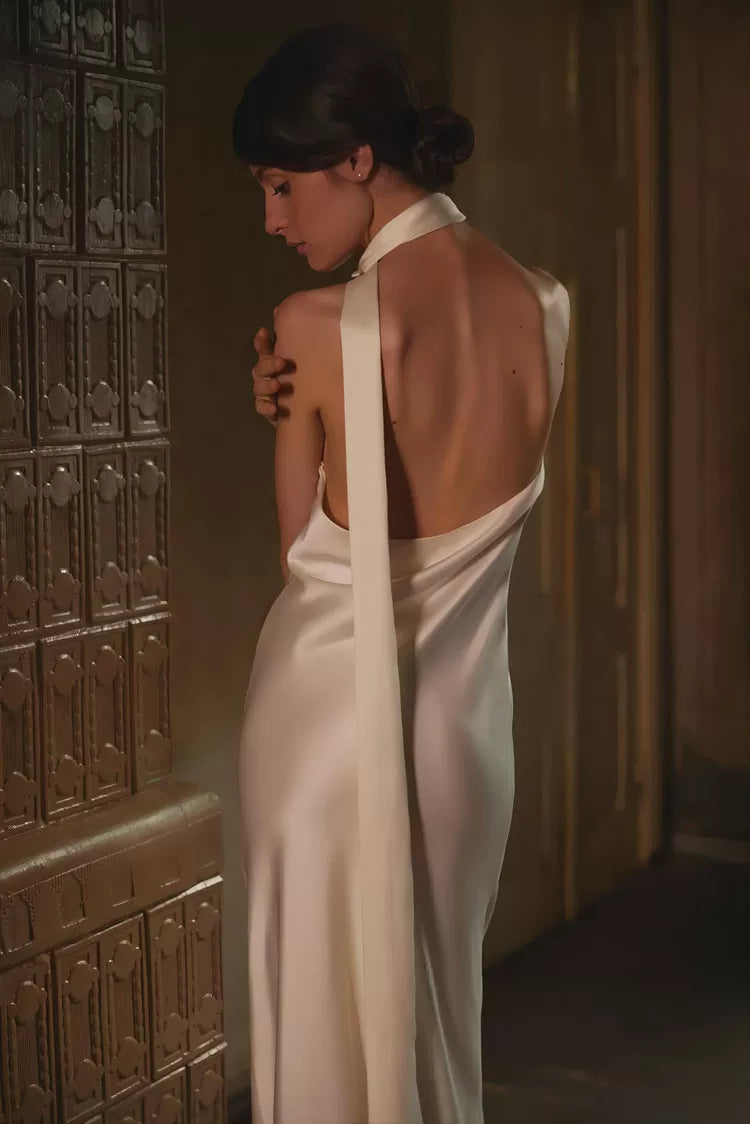 Wcoumq | Champagne Halter Backless Maxi Dress with Bridal-Inspired Outer Veil