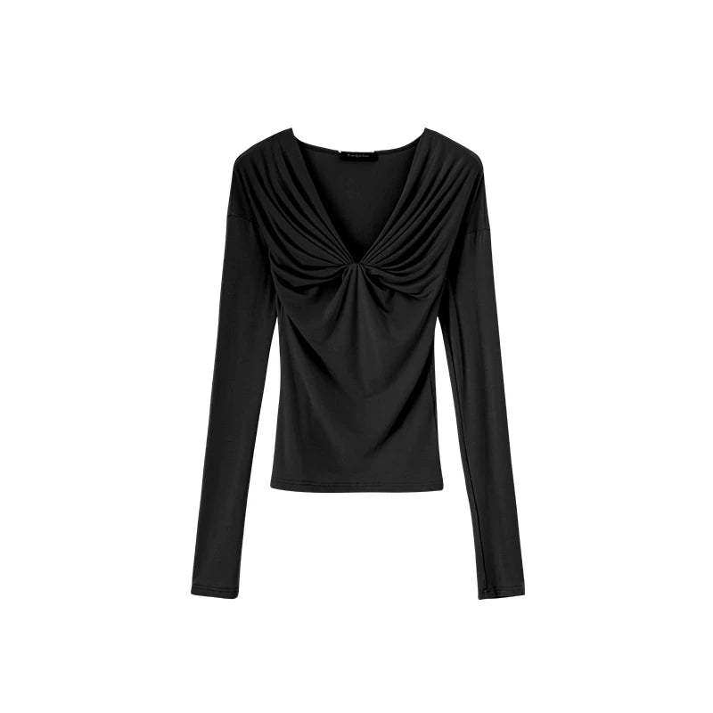 Wcoumq | V-Neck Pleated Slim Knitted Pullover Top for Women – Casual Touch Series Slim-Fit Knitwear