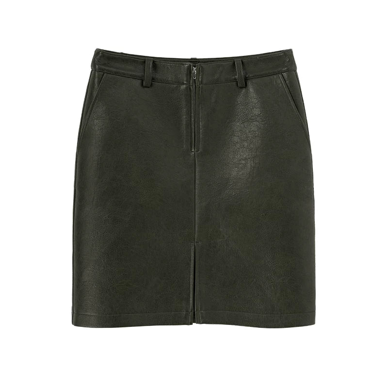Wcoumq | Retro Low-Waisted Slit Leather Skirt – PUA Word Hip-Covering Stylish Leather Skirt for Women