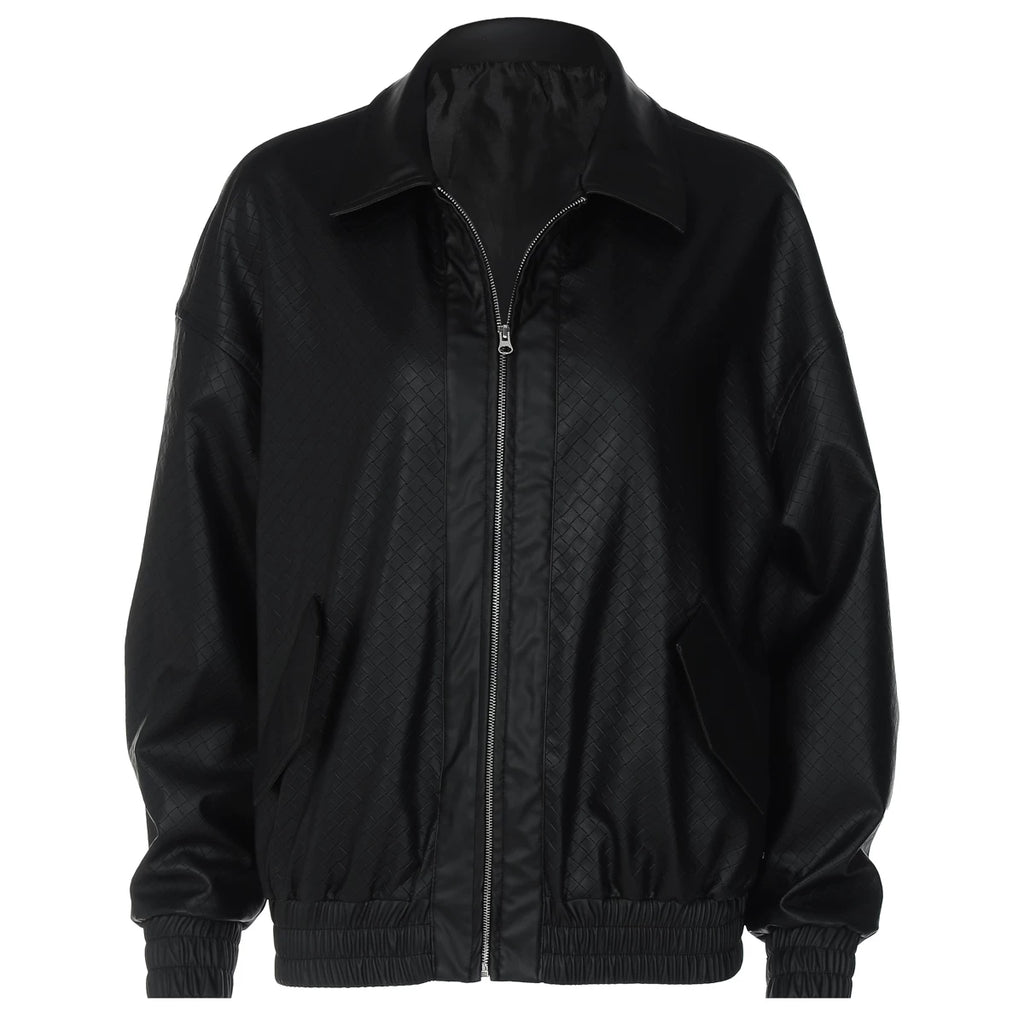 Wcoumq | Retro Woven PU Leather Zipper Lapel Jacket for Women – American Street Hot Girl Style Autumn & Winter Fashion