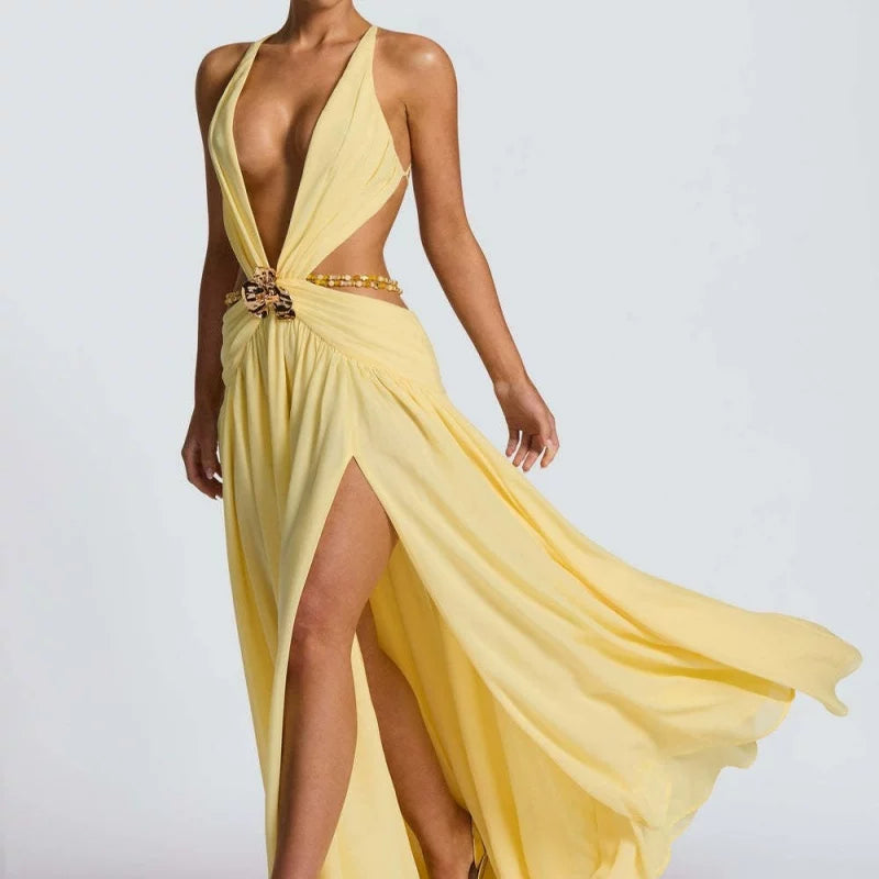 Wcoumq | Deep V Backless Halter Maxi Dress with Side Slit and Metal Accents