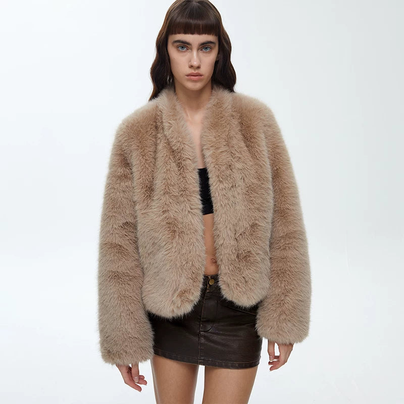 Wcoumq | Short Fur Jacket with Stand Collar – Textured Women’s Autumn & Winter One-Piece Outerwear