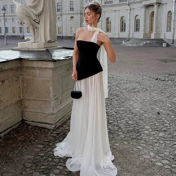 Wcoumq | Elegant Velvet Mesh Spliced Tube Top Dress with Slim Waist Long Skirt