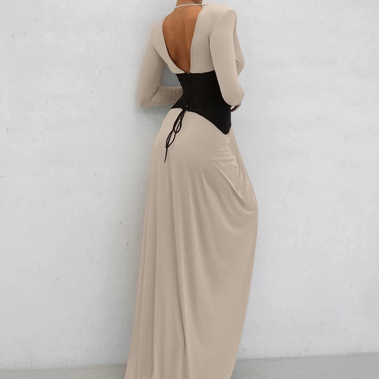 Wcoumq | V-Neck Long-Sleeve Dress with Waist Accents and Side Slits