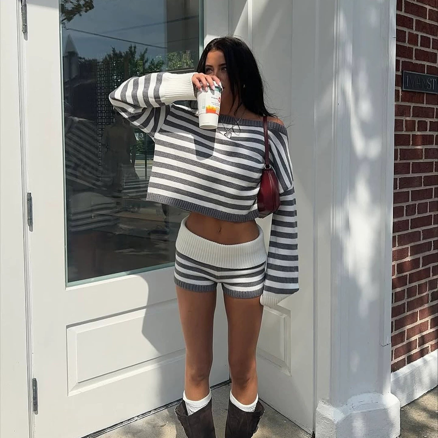 Wcoumq | Striped One-Shoulder Sweater & Cuffed Shorts Set for Women – American Street Style Lazy Hot Girl Fashion