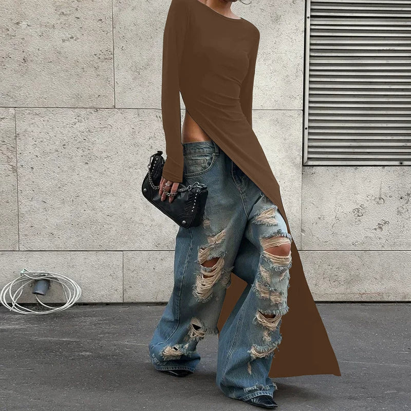 Wcoumq | Slit Design Long-Sleeve Mid-Length Top for Women – Trendy Gusty Street Fashion Hot Girl Style Irregular T-Shirt