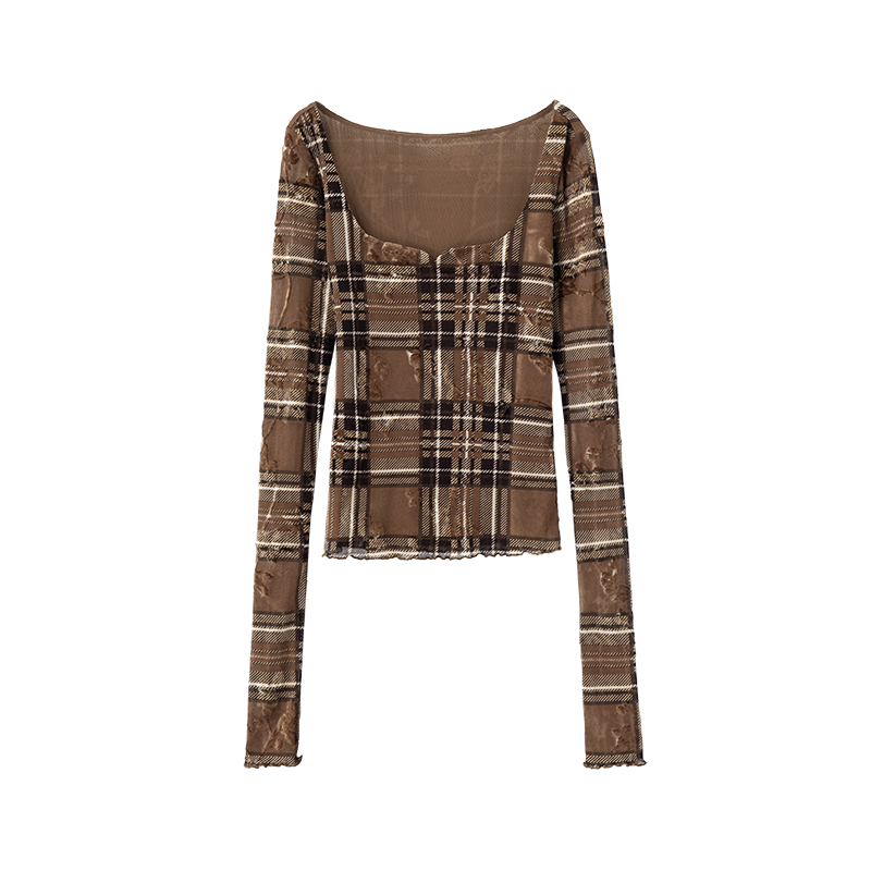 Wcoumq | Sweetheart Neck Jacquard Mesh Polka Dot Lace Plaid Long-Sleeve Round Neck Top for Women