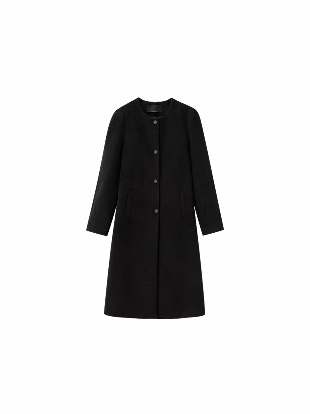 Wcoumq | Retro Round Neck Wool Long Coat with Arc Shoulder Silhouette – Double-Sided Woolen Outerwear