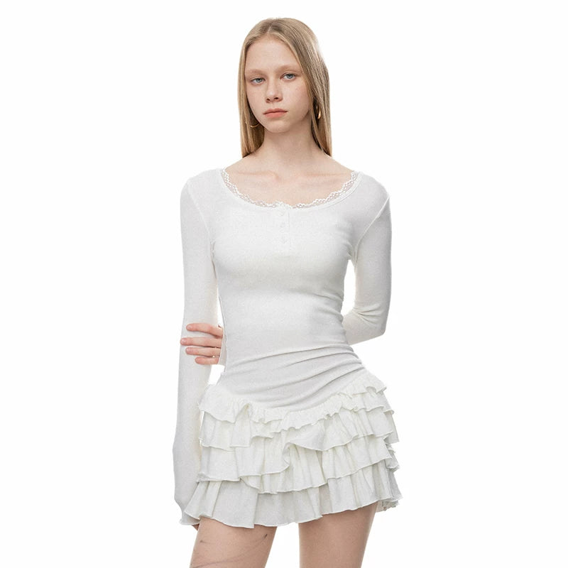 Wcoumq | Faux Two-Piece Ruffled Long Sleeve Slim-Fit Mini Dress