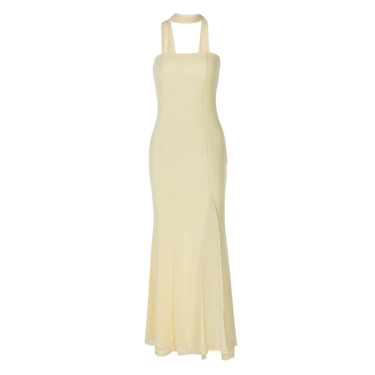 Wcoumq | Solid Color Tube Top Maxi Dress with Ribbon Waist and Fishtail Slit