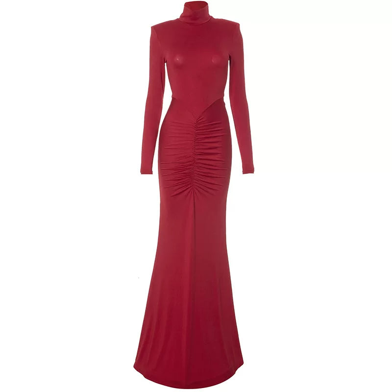 Wcoumq | Pleated Slim-Fit Long Dress with Shoulder Pads and Hip-Hugging Design