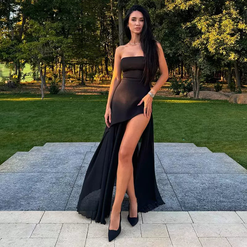 Wcoumq | Summer Tube Top Maxi Dress with Side Slit and Slim Fit