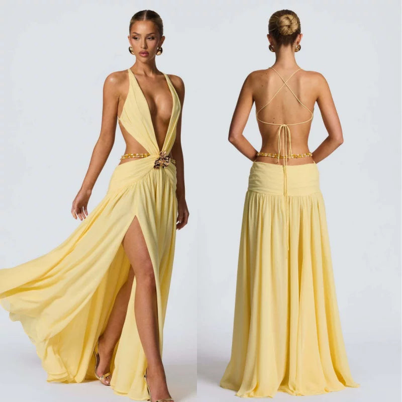 Wcoumq | Deep V Backless Halter Maxi Dress with Side Slit and Metal Accents