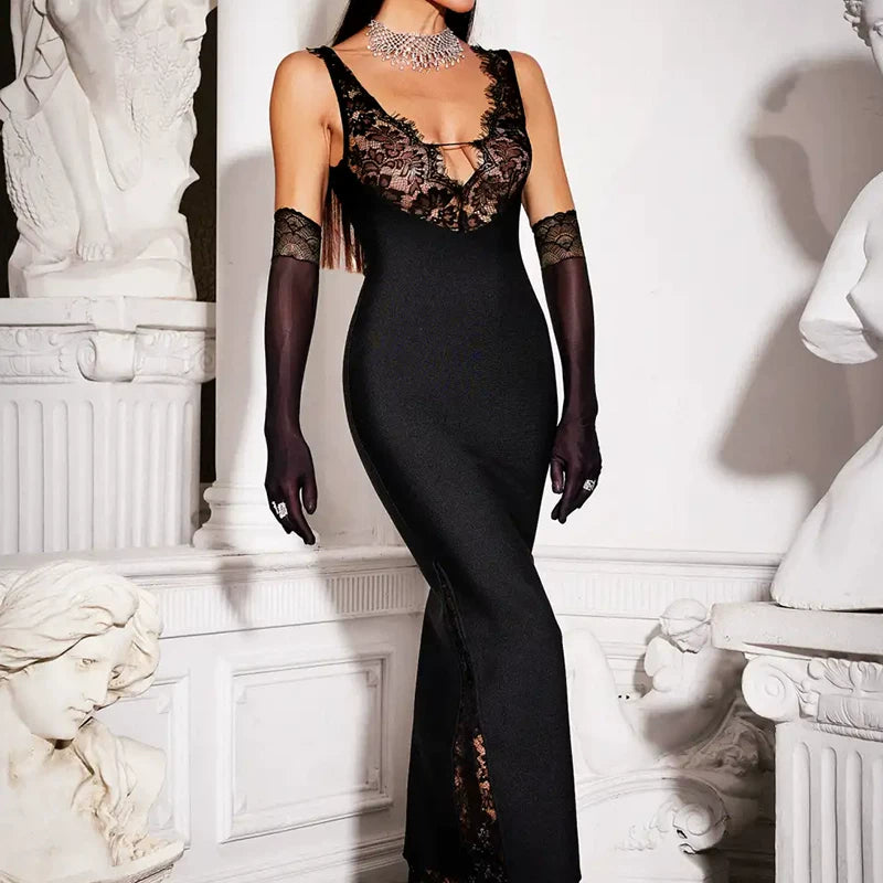 Wcoumq | V-Neck Lace Spliced Suspender Maxi Dress with Slim Fit