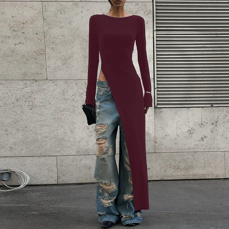 Wcoumq | Slit Design Long-Sleeve Mid-Length Top for Women – Trendy Gusty Street Fashion Hot Girl Style Irregular T-Shirt